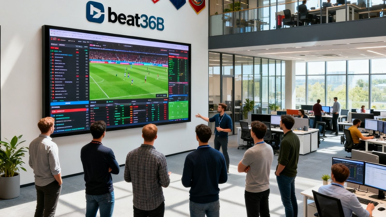 beat365公司总部开放式办公区域,数十名工程师在宽屏幕前分析赛事数据,墙上挂满各大联赛旗帜