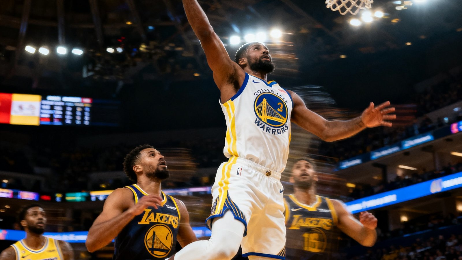 洛杉矶湖人队与金州勇士队在NBA常规赛中激烈对抗的直播画面,球员正在突破上篮