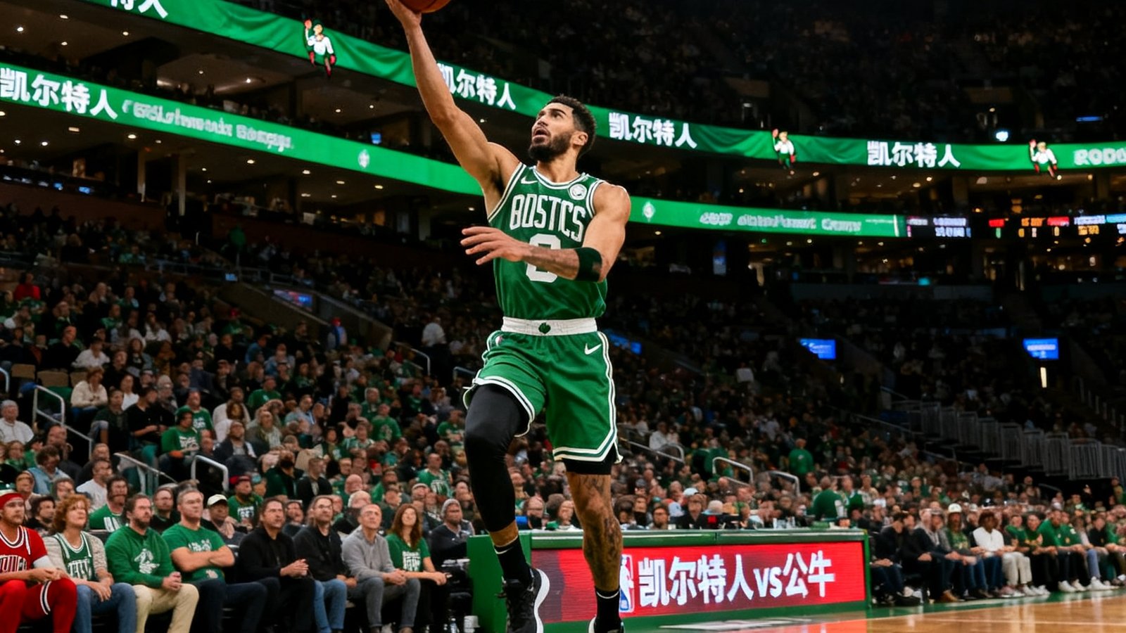 波士顿凯尔特人队主场对阵芝加哥公牛队的NBA比赛直播,绿色球衣球员正在三分线外投篮